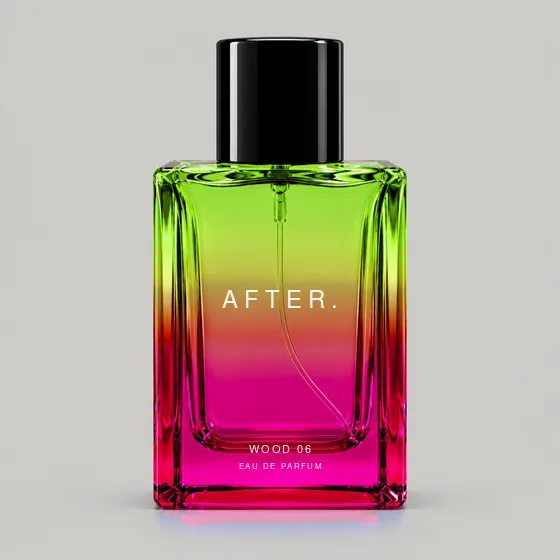 Editorial color concept for AFTER. WOOD 06; the delivered bottle is clear glass
