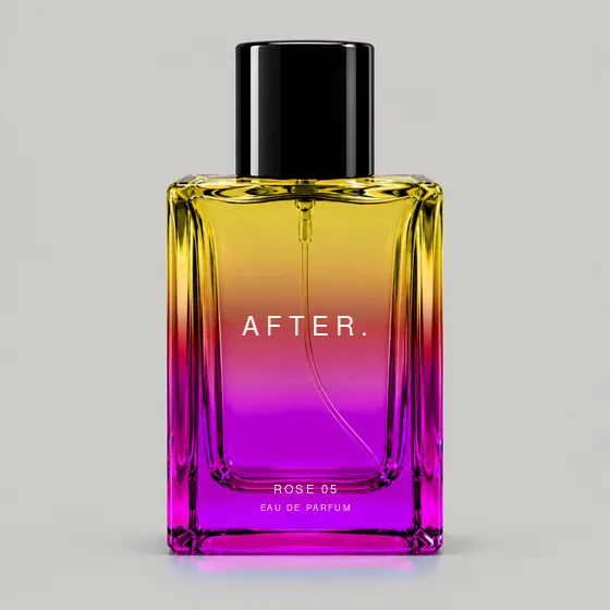 Editorial color concept for AFTER. ROSE 05; the delivered bottle is clear glass