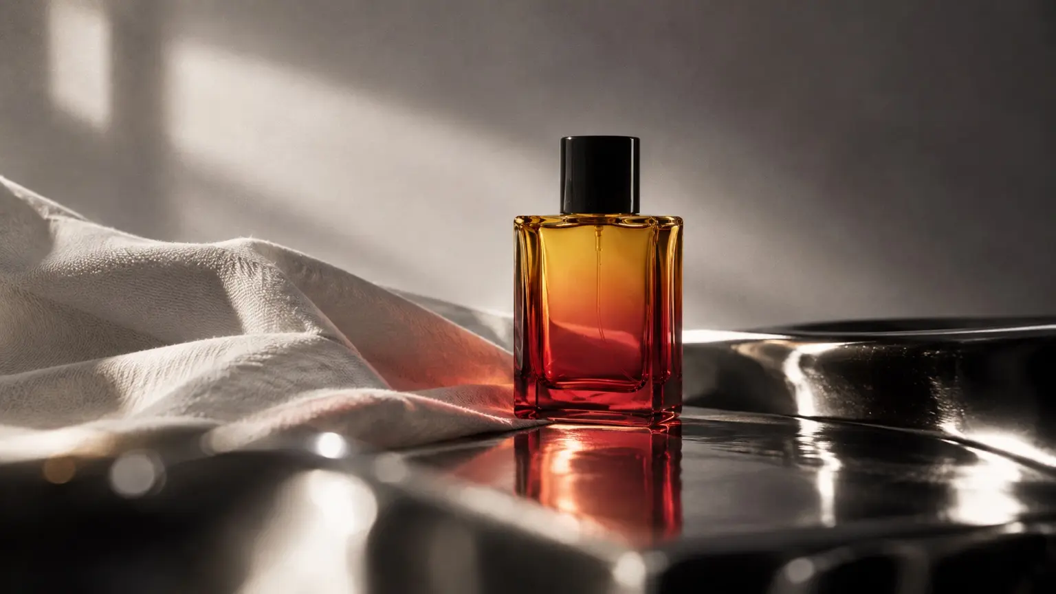 An amber AFTER. fragrance bottle on reflective chrome and white fabric