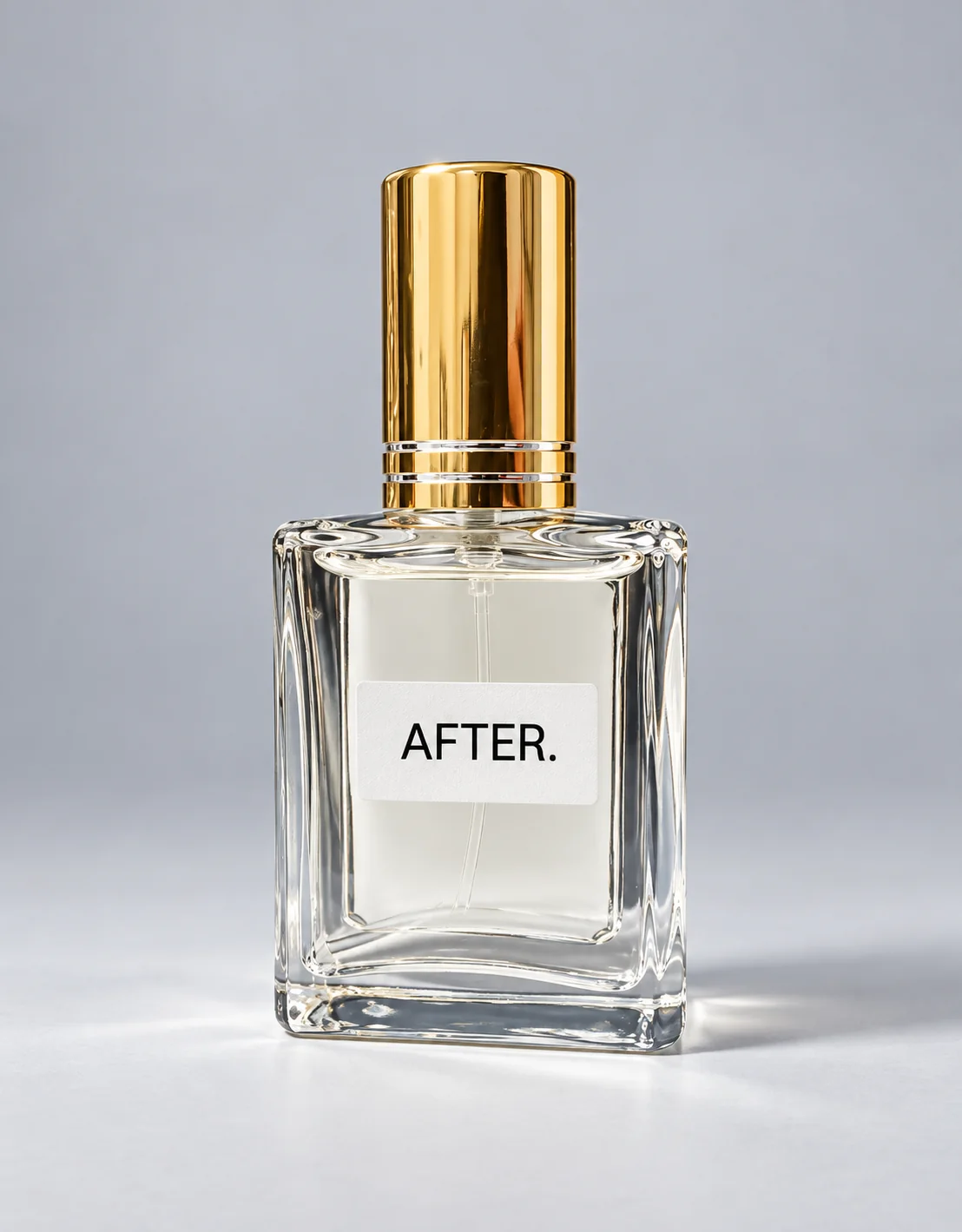 Clear AFTER. bottle packaging preview with a gold cap